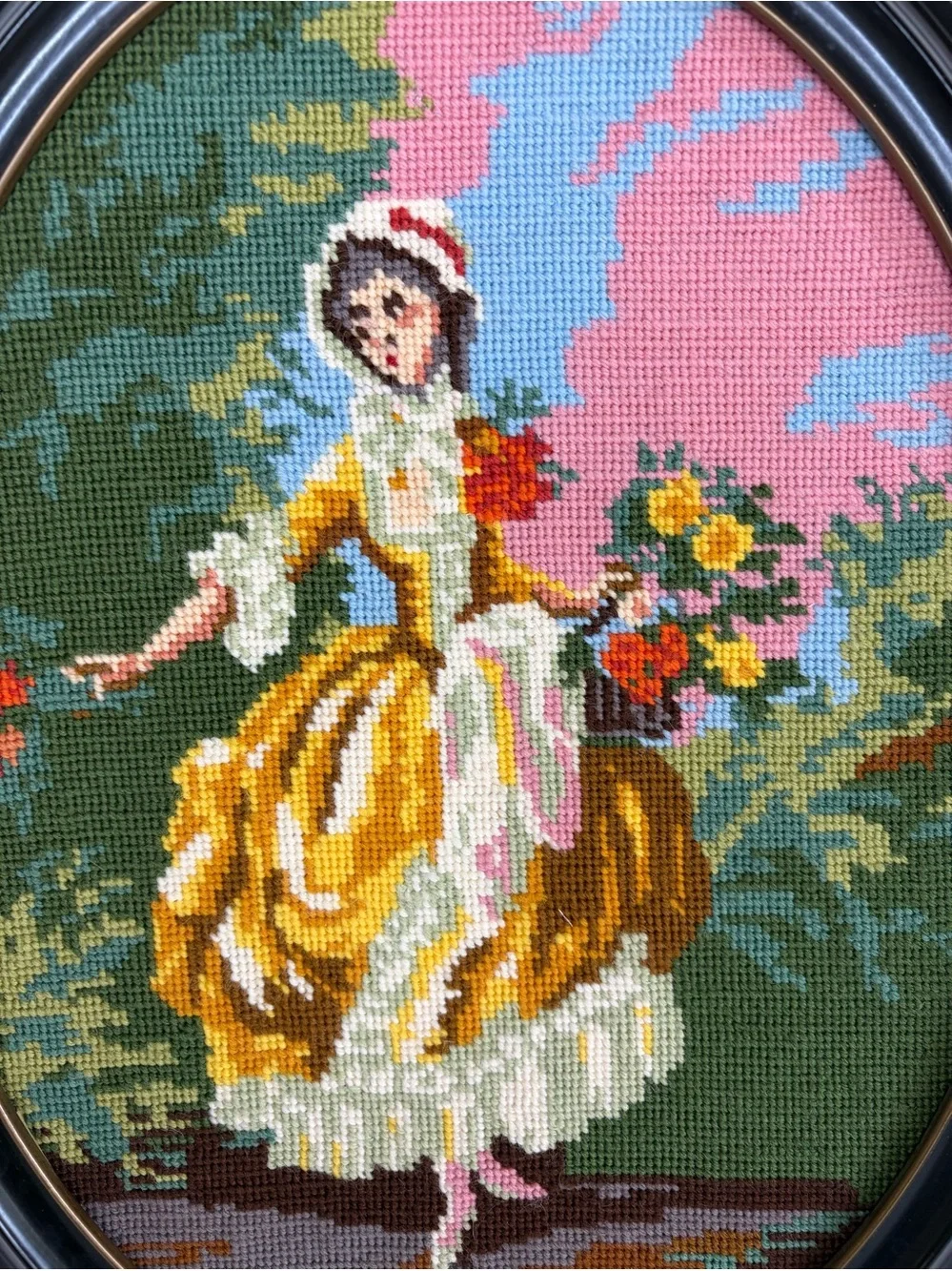 Victorian Woman Needlepoint Canvas Ball Gown Evening Dress Flowers Oval Vintage